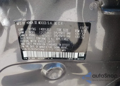 2022 Honda Hr-V 2Wd Lx from USA, damaged, VIN 3CZRU5H30NM721117